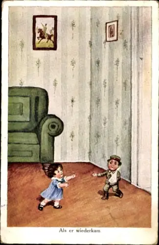Künstler Ak Als er wiederkam, Verletzter Soldat kehrt heim, Treffen mit Frau, I. WK