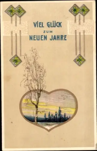 Ak Glückwunsch Neujahr, Glücksklee, Bäume