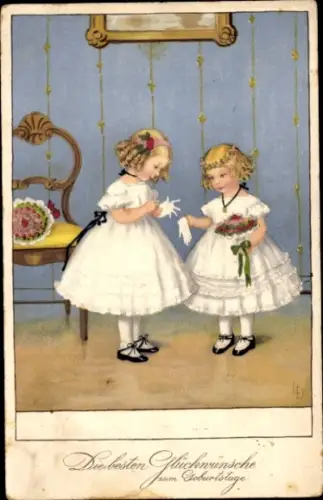 Ak Glückwunsch zum Geburtstag, Zwei Mädchen mit weißen Kleidern u. Handschuhen, Meissner & Buch 2471