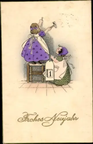 Ak Glückwunsch Neujahr, Kinder hängen Kalender auf