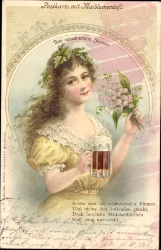 Litho Frau mit Bierkrug und Blumen