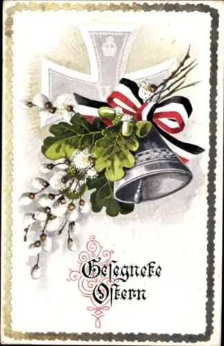 Ak Glückwunsch Ostern, Glocken, Eisernes Kreuz, Weidenkätzchen