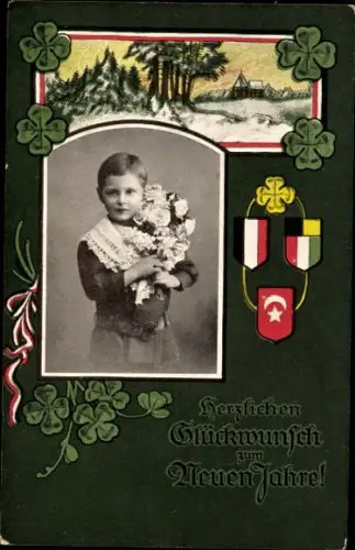 Ak Glückwunsch Neujahr, Patriotik, Kind mit Blumenstrauß, Glücksklee