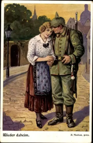 Künstler Ak Mailick, Wieder daheim, Soldat zu Hause, Liebespaar