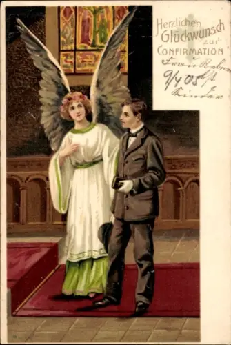 Künstler Ak Mailick, Glückwunsch Konfirmation, Engel, Junge