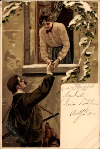 Künstler Litho Mailick, Vesely novy rok, Glückwunsch Neujahr, Jäger, Hund, Frau, Fenster