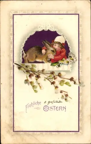 Präge Ak Glückwunsch Ostern, Kind, Osterhase, Weidenkätzchen