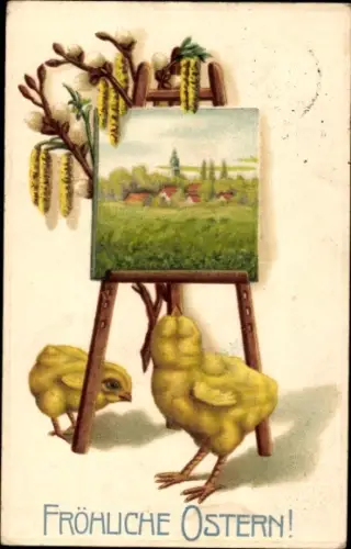 Präge Ak Glückwunsch Ostern, Küken, Weidenkätzchen, Gemälde