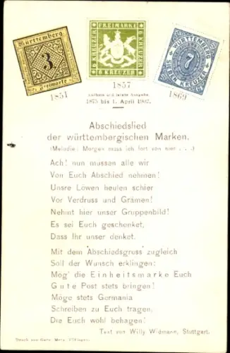 Briefmarken Lied Ak Abschiedslied der württembergischen Marken