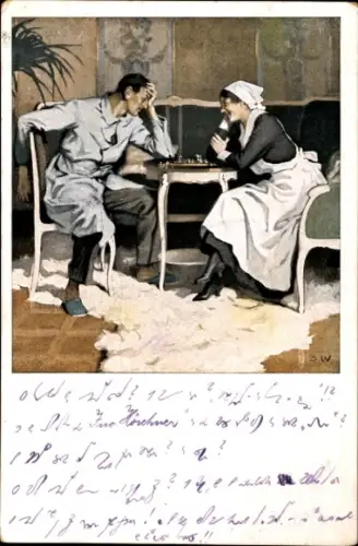 Künstler Ak Wennerberg, B., Schach, verwundeter Soldat mit Krankenschwester