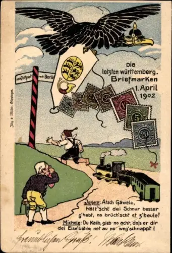 Briefmarken Ak Die letzten württembergischen Briefmarken, 1. April 1902, Deutscher Adler, Dt. Michel
