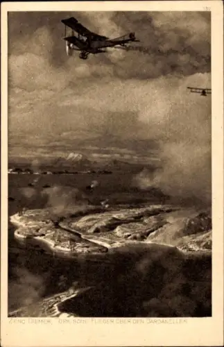 Künstler Ak Diemer, Zeno, Türkische Flieger über den Dardanellen, I. WK