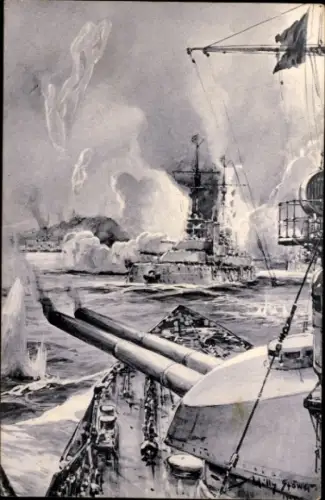 Künstler Ak Stöwer, Willy, Beschießung von Scarbourough, Deutsche Kriegsschiffe, I. WK