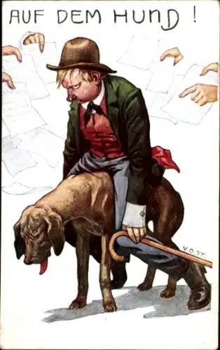 Künstler Ak Auf dem Hund, Mann ist pleite, Rechnungen