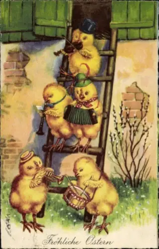 Ak Glückwunsch Ostern, Küken beim Musizieren