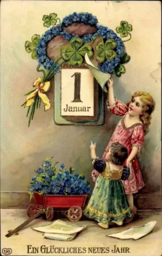 Ak Glückwunsch Neujahr, Kinder, Kalender, Kleeblatt
