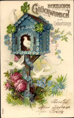 Ak Glückwunsch Geburtstag, Klee, weiße Tauben