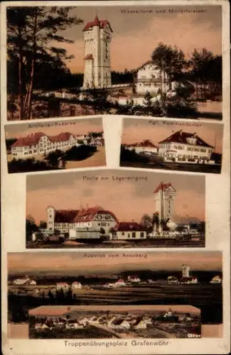 Ak Grafenwöhr in der Oberpfalz Bayern, Truppenübungsplatz, Wasserturm, Lagereingang, Kommandantur