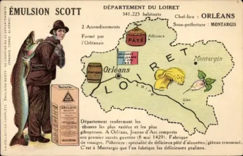 Landkarten Ak Département Loiret, Orléans, Montargis, Fischer, Reklame Emulsion Scott