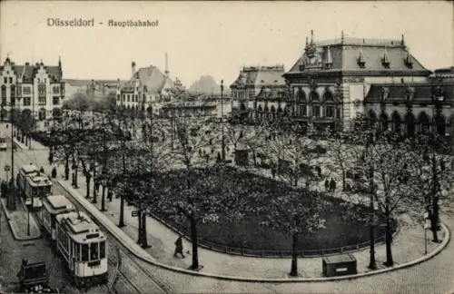 Ak Düsseldorf am Rhein, Düsseldorf Hauptbahnhof, Straßenbahn, Bäume, Platz