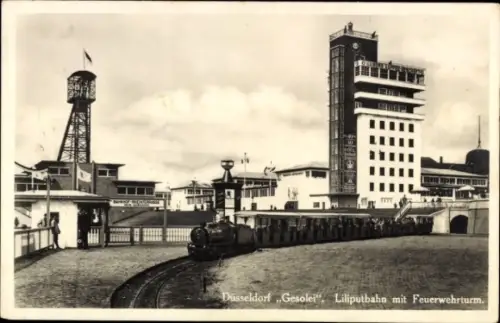 Ak Düsseldorf, Gesolei 1926, Liliputbahn mit Feuerwehrturm