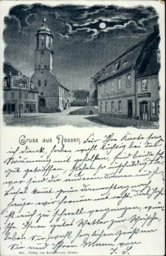 Mondschein Ak Nossen in Sachsen, Straßenpartie, Kirche, Hotel Stadt Dresden, Apotheke