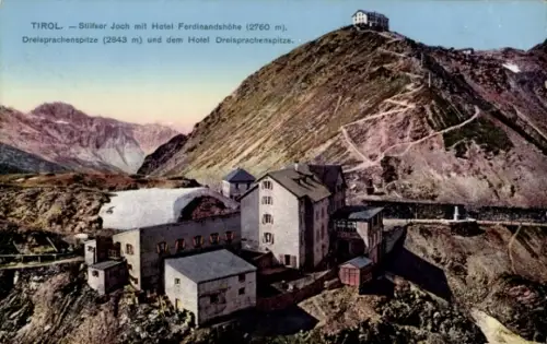 Ak Stilfser Joch Stilfserjoch Passo dello Stelvio Südtirol, Ferdinandshöhe, Berghotel im Vordergr