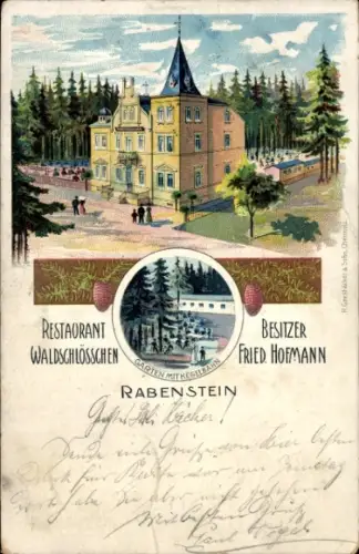 Litho Rabenstein Chemnitz in Sachsen, Restaurant Waldschlösschen, Bes. Fried. Hofmann