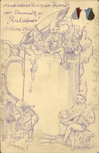 Studentika Ak Chemnitz, Abschiedskommers der Klasse Ia der Realschule, Zwerge, Bierkrug, Ostern 1903