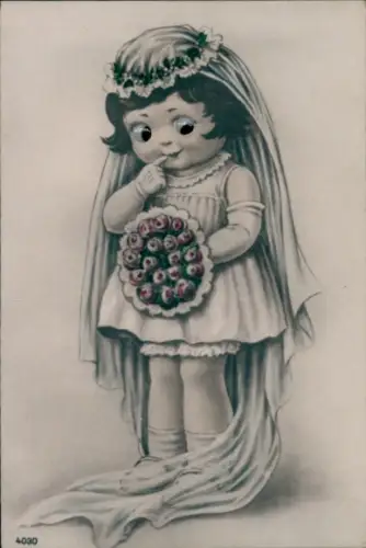 Mechanische Ak Braut im Hochzeitskleid mit Rosenstrauß, Wackelaugen