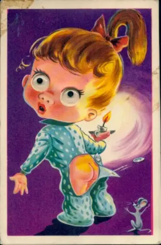 Wackelaugen Ak Mädchen, Loch in Hose, Maus