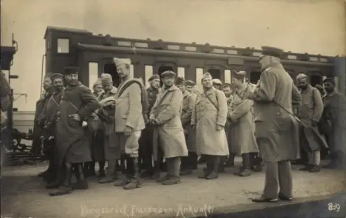 Foto Ak Königsbrück in der Oberlausitz, Kriegsgefangenenlager, Franzosen bei der Ankunft, I. WK