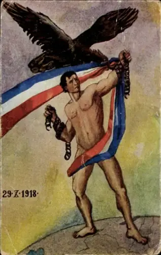 Künstler Ak Bojnicic, V., Mann mit Fahne, Adler, Oktober 1918