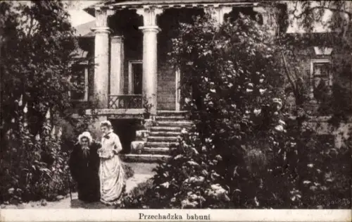 Künstler Ak Wassili Dmitrijewitsch Polenow, Großmutters Spaziergang, Frauen im Garten, Säulenportal