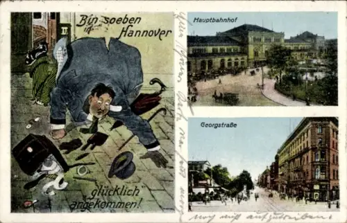 Ak Hannover in Niedersachsen, Hauptbahnhof, Georgstraße, Karikatur