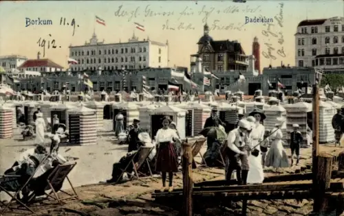 Ak Nordseebad Borkum in Ostfriesland, Badeleben, Strand, Badegäste, Umkleidekabinen