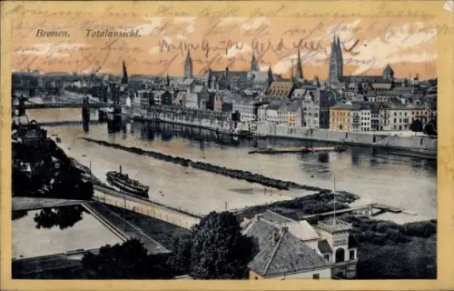 Ak Schnoor Bremen, Fluss mit Ufer, mehrere Kirchtürme am Horizont, Schiffe, Brücke, Haus mit Zieg