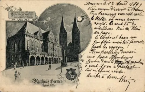 Mondschein Ak Bremen, Rathaus, Kirchtürme, Wappen