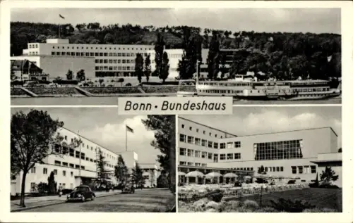 Ak Bonn am Rhein, Flussufer mit Schiff, drei Fotos eines Verwaltungsgebäudes, Flaggen, Terrasse