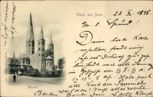 Ak Bonn am Rhein, Dreiturmige Kathedrale, Vorplatz mit Personen, umliegende Gebäude, handschriftl