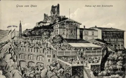 Ak Königswinter am Rhein, Drachenfels, Terrassen mit Tischen und vielen Gästen, Treppe, Veranda, 