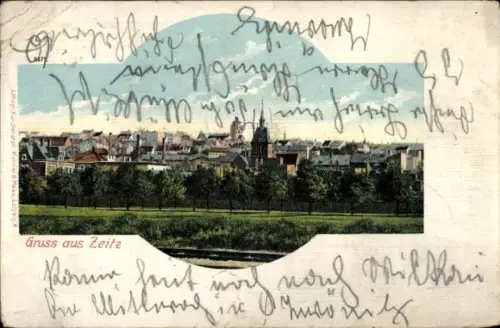 Ak Zeitz im Burgenlandkreis, Panorama, Kirchtürme, Reihenhäuser und Dächer, Baumreihe, Wiese mit 