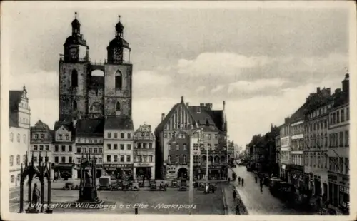 Ak Lutherstadt Wittenberg, Marktplatz, Stadtkirche, Denkmäler, Kollegienstraße