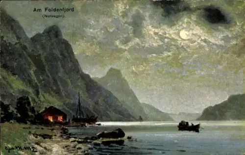 Künstler Ak Fosnes Norwegen, Am Foldenfjord, Berge, Mond