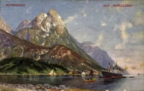 Ak Torget Nordland Norwegen, hohe schneebedeckte Berge, Seeufer mit kleinen Häusern, Segelboot, R