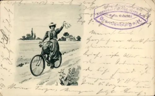 Ak Frau auf einem Fahrrad, Wink mit dem Taschentuch