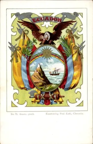 Wappen Litho Ecuador, Geier, Sonne, Regenbogen, Fahnen, Fascis, Verlag Paul Kohl Chemnitz Nr. 71