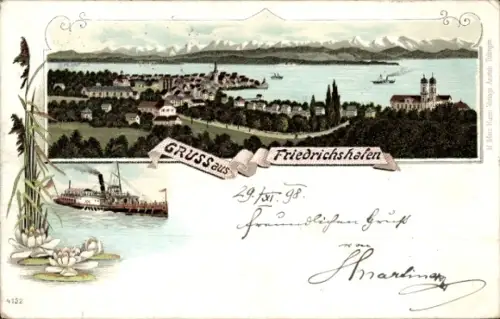 Litho Friedrichshafen am Bodensee, Panoramablick auf die Stadt, Dampfer