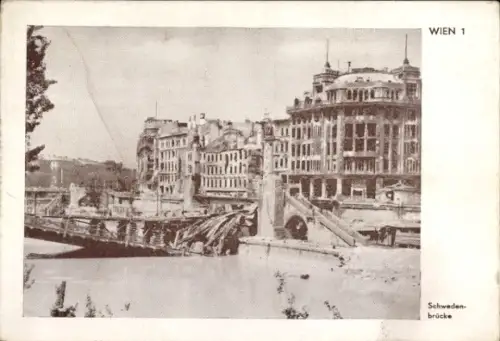 Ak Wien 1 Innere Stadt, eingestürzte Brücke, Brückenteile im Fluss, Trümmer am Ufer, beschädigte 