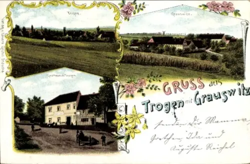Litho Grauswitz Lommatzsch in Sachsen, Panorama, Gasthaus Trogen